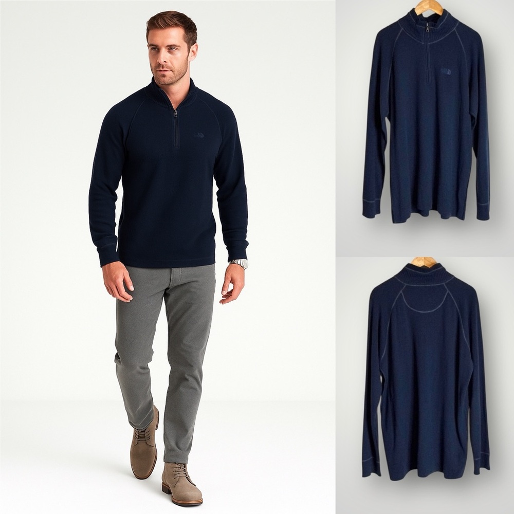 The North Face Sweater 1/4 Zip Men Size XXL Pullover Cotton Wool Blend Navy Blue